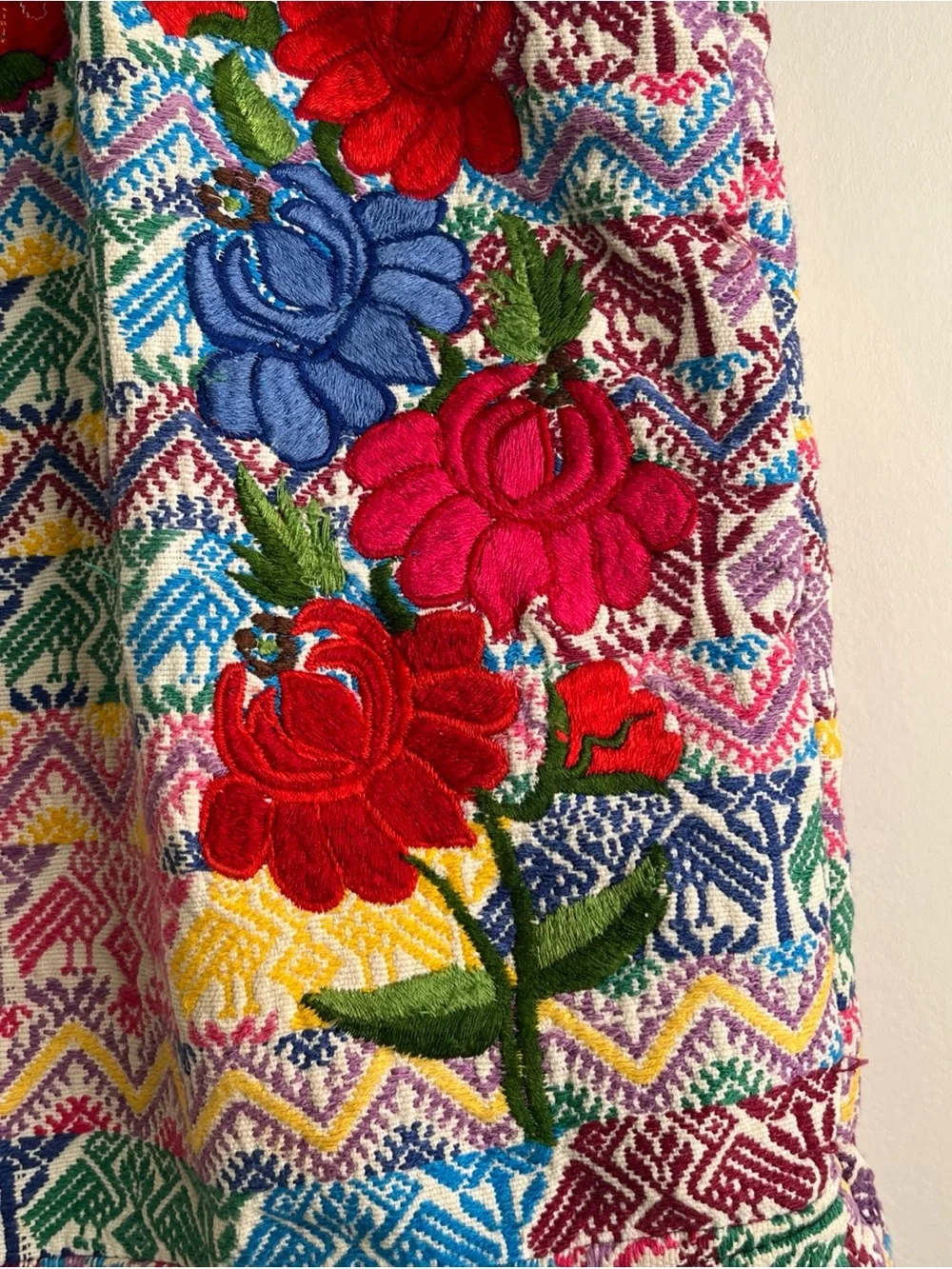Floral Embroidered Huipil Shoulder Tote Bag Multi Color Boho Hippie Festival